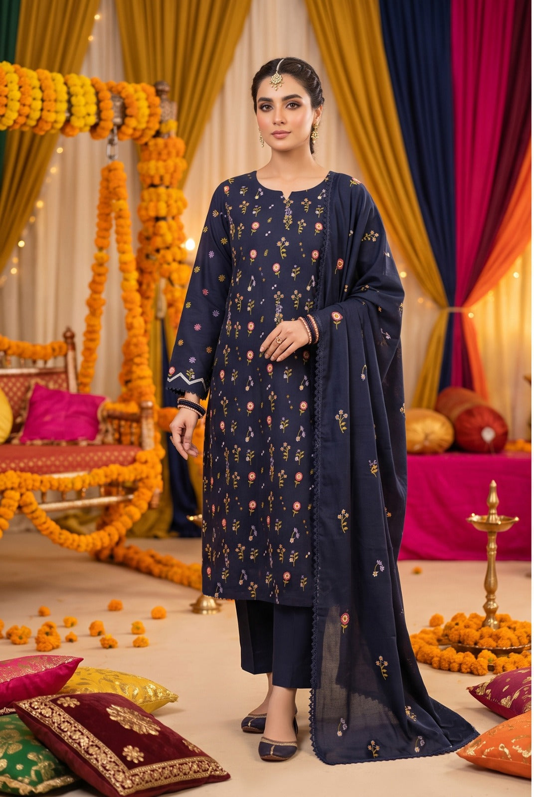 Navy Blue Dhanak 3-Piece Suit