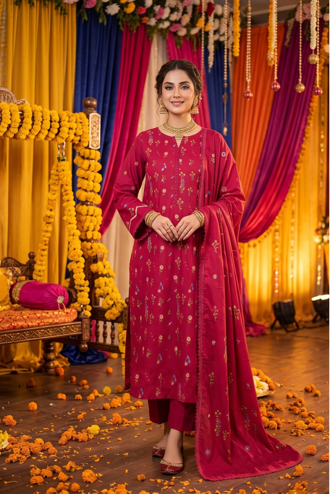Rani Pink Dhanak 3-Piece Suit