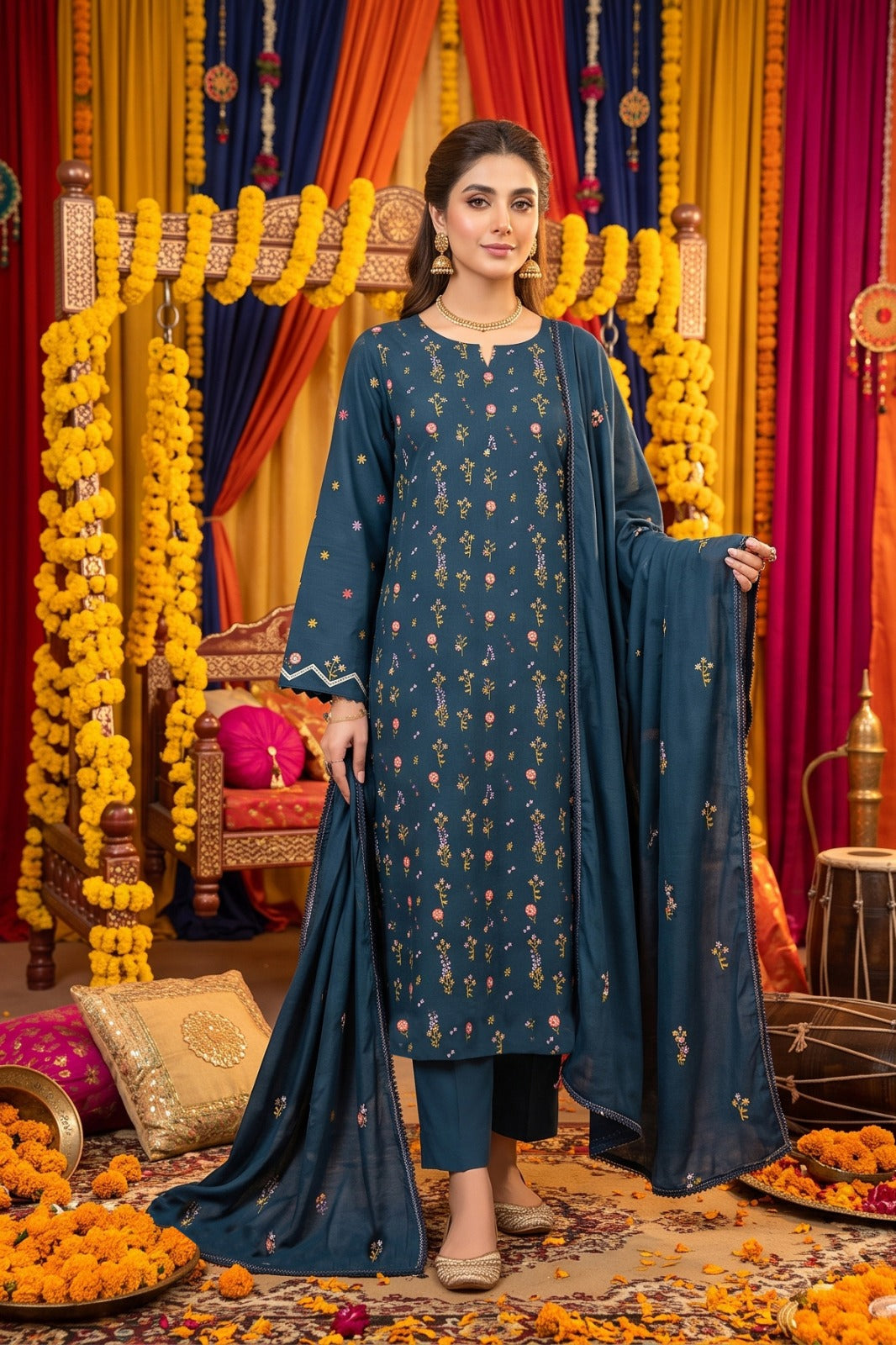 Royal  Blue Dhanak 3-Piece Suit