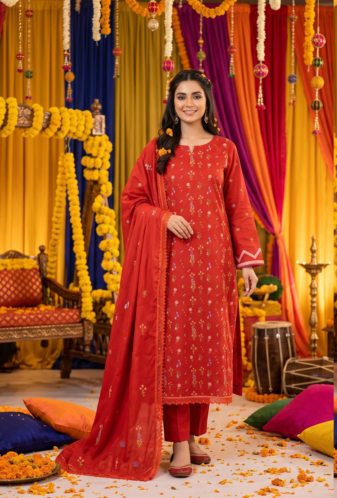 Deep Red Dhanak 3-Piece Suit