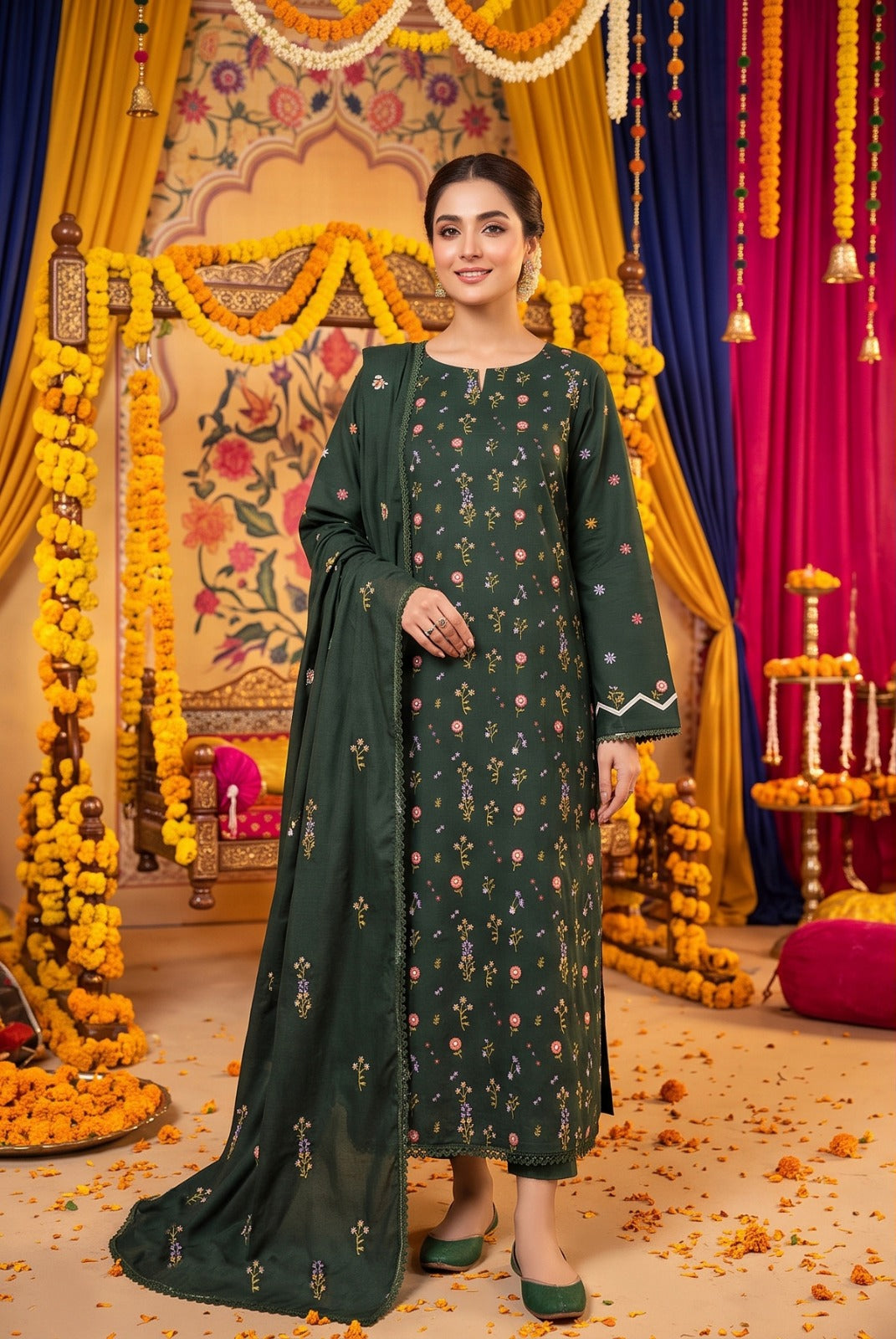 Deep Green Dhanak 3-Piece Suit