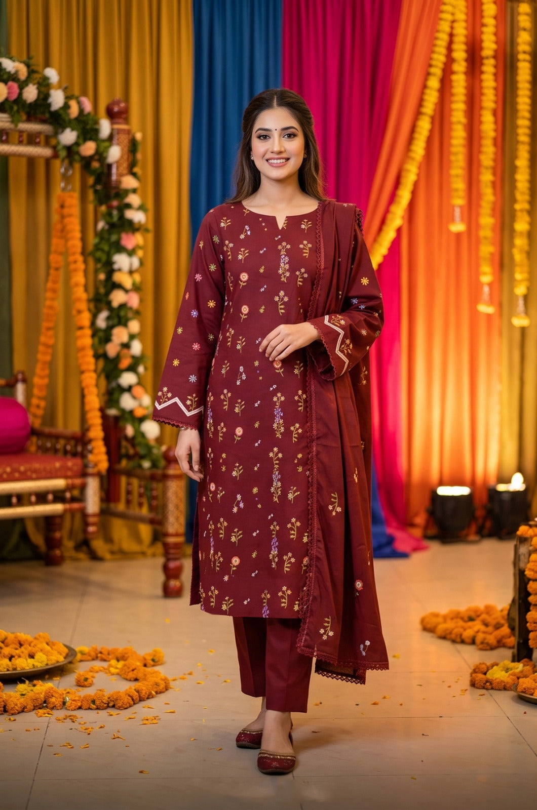 Maroon Dhanak 3-Piece Suit