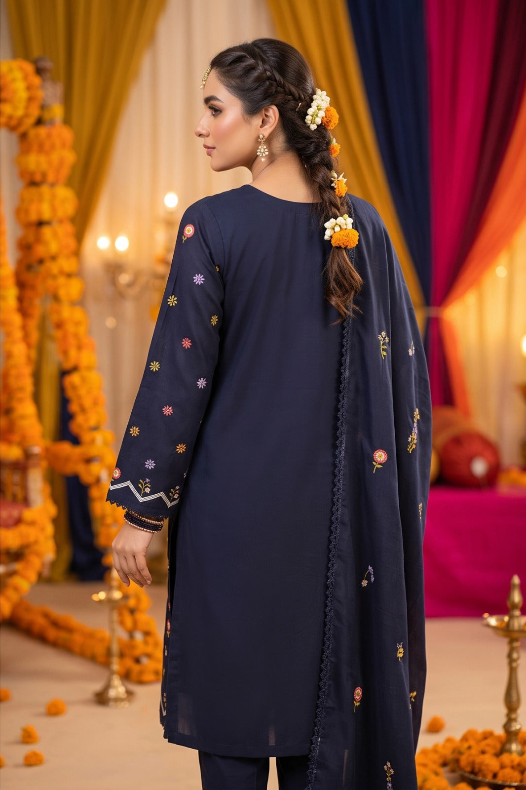 Navy Blue Dhanak 3-Piece Suit