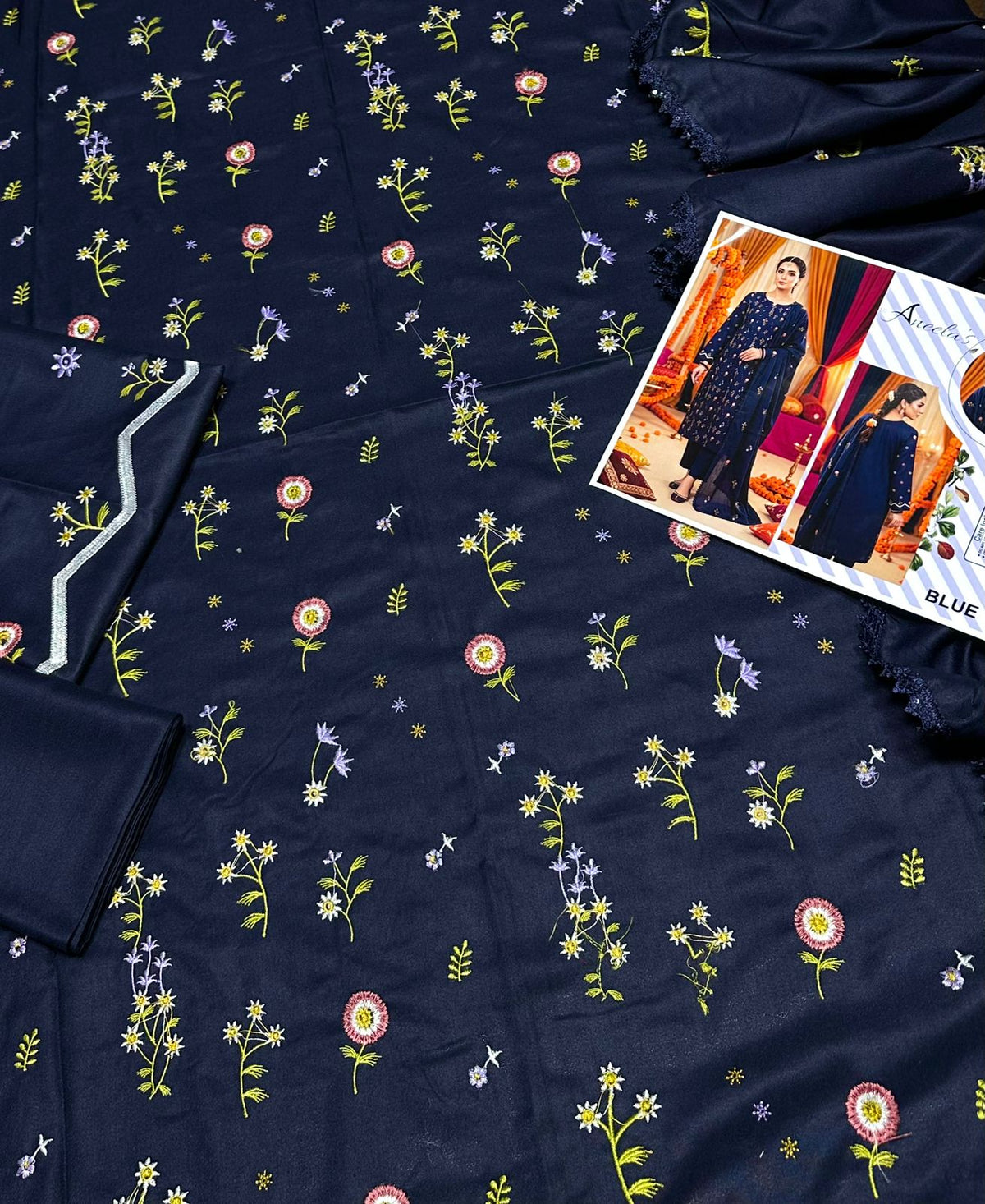 Navy Blue Dhanak 3-Piece Suit
