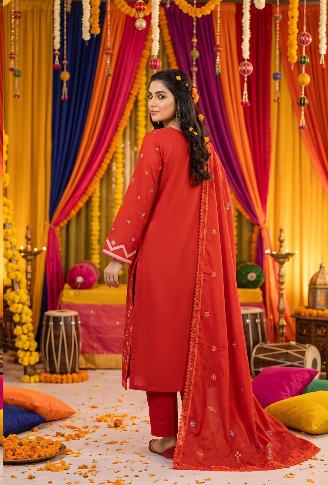 Deep Red Dhanak 3-Piece Suit