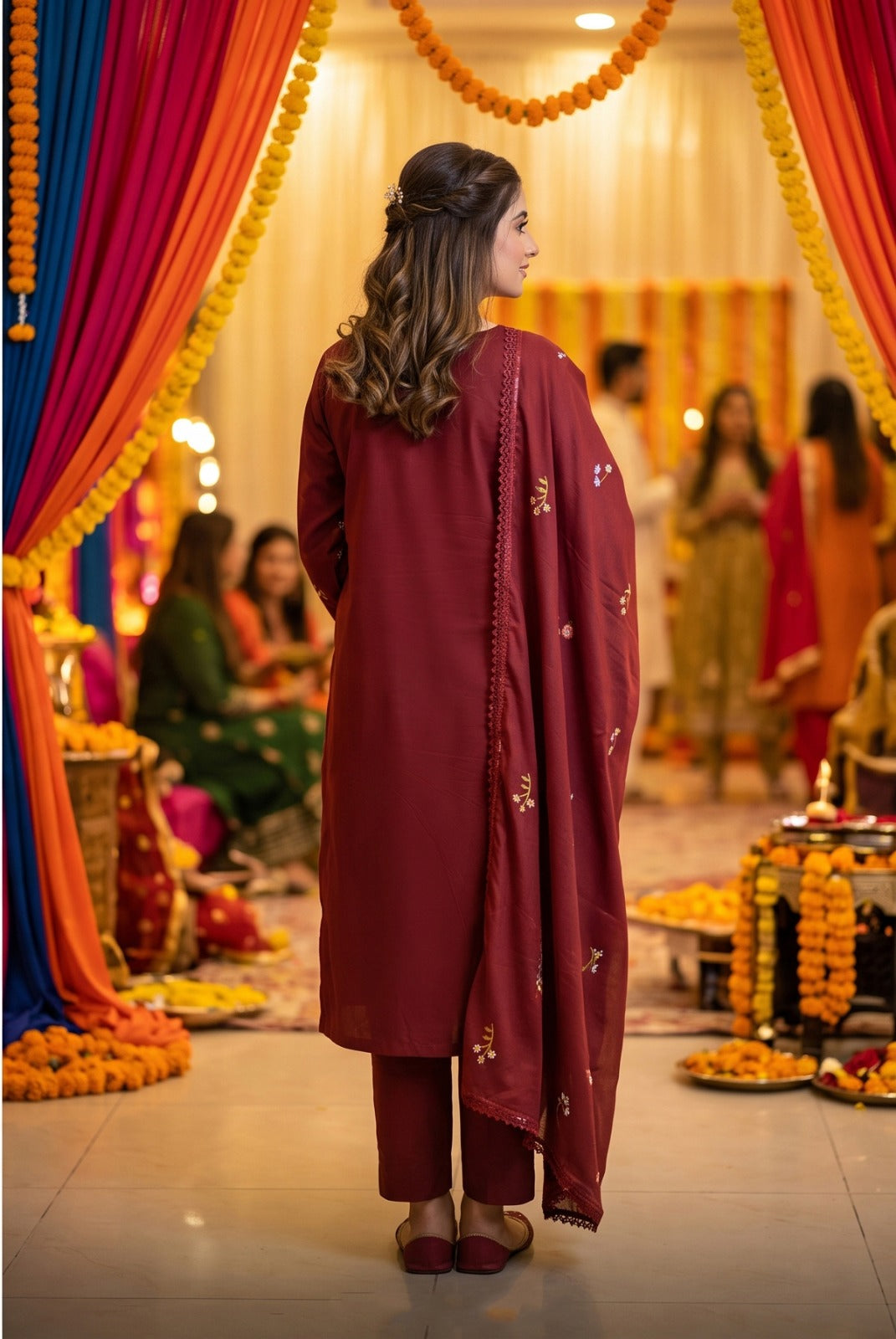 Maroon Dhanak 3-Piece Suit